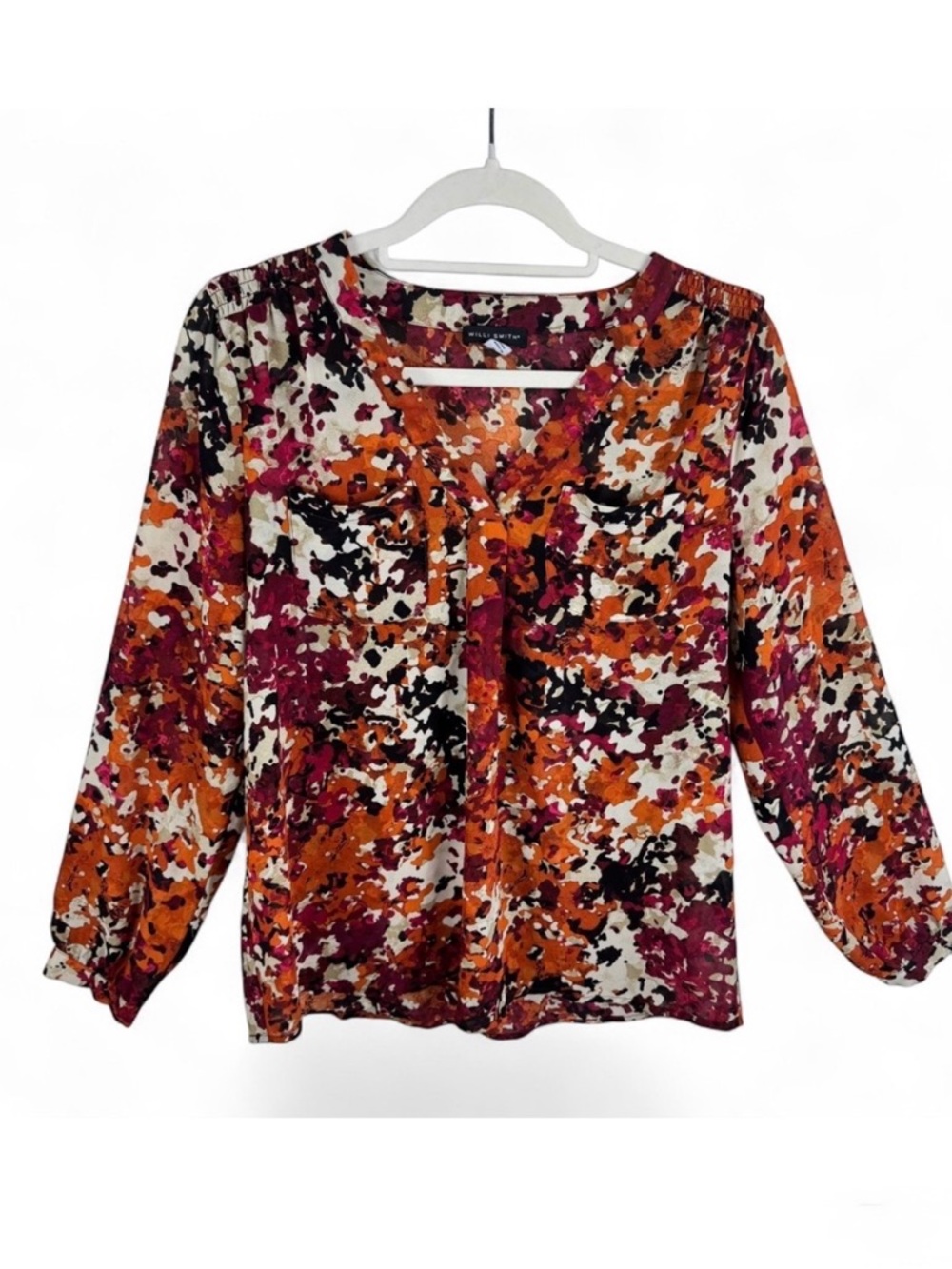 Willi Smith‎ Womens M Abstract Paint Splatter V-Neck Blouse Orange Magenta Black